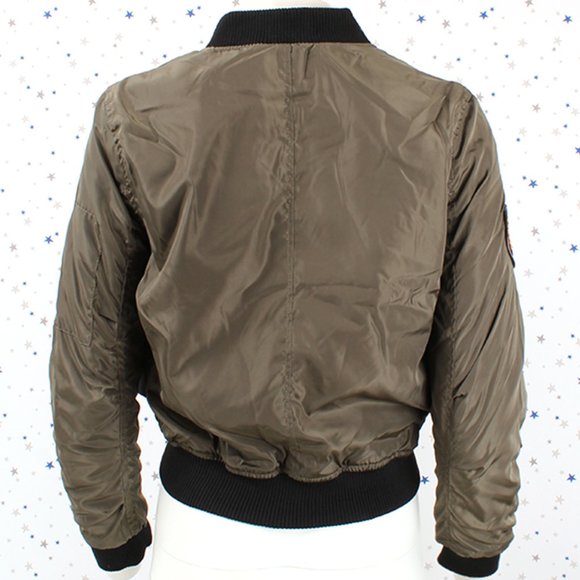 Fur Lined Short Bomber Jacket Patches Olive - Picture 7 of 8